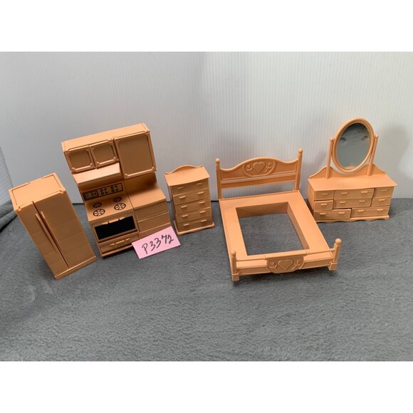 Vintage Mini Dollhouse Furniture Set Bedroom & Kitchen Brown - Picture 14 of 14